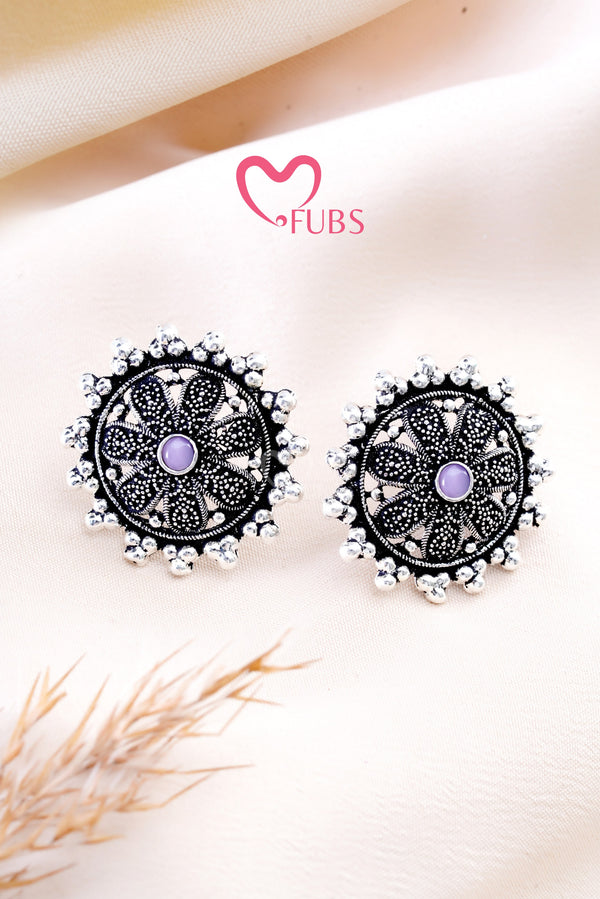 Light Pink Round Shape Oxidized Stone Stud Earring