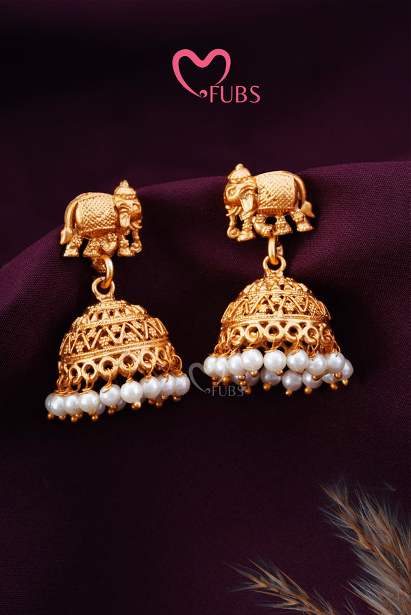 White Beads Elephant Detailed Temple Gold Jhumka