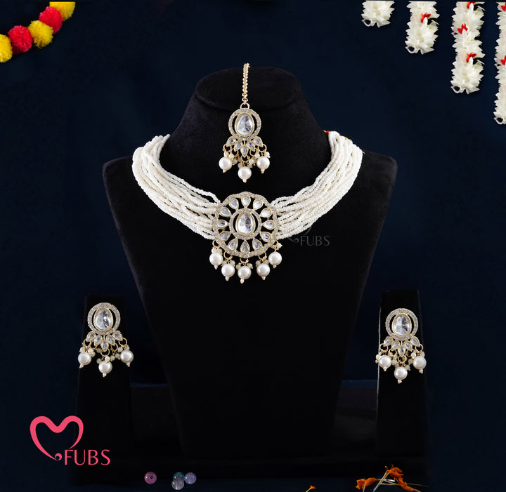 Traditional Kundan & Pearl Bridal Choker Set with Maang Tikka