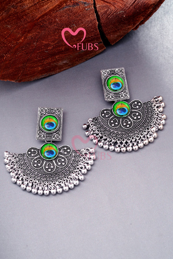 Crescent-Shaped Peacock Plume Earring