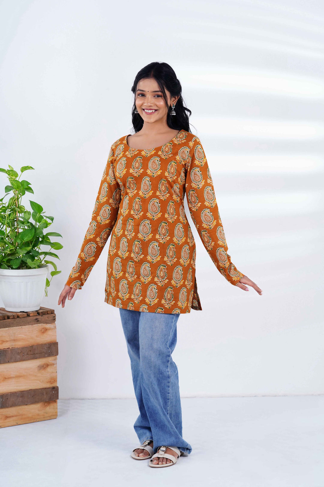 Amber Earth: Paisley Print Short Kurti with Jaipuri Emerald Jhumkas