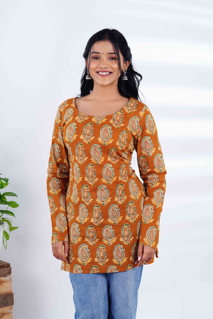 Amber Earth: Paisley Print Short Kurti with Jaipuri Emerald Jhumkas