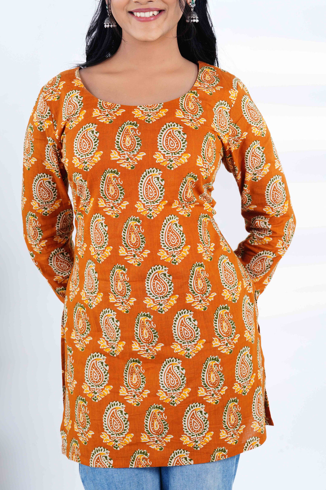 Amber Earth: Paisley Print Short Kurti with Jaipuri Emerald Jhumkas
