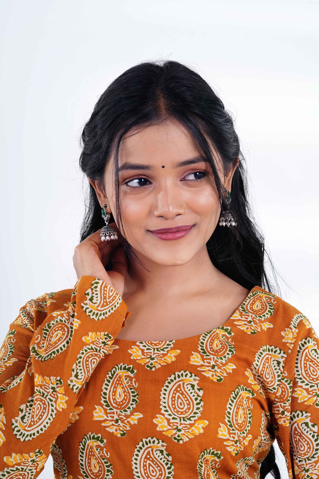 Amber Earth: Paisley Print Short Kurti with Jaipuri Emerald Jhumkas