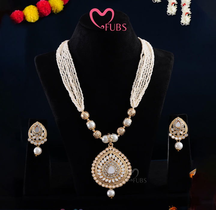 Majestic Long Pearl Mala with Intricate Stone-Work Pendant Set