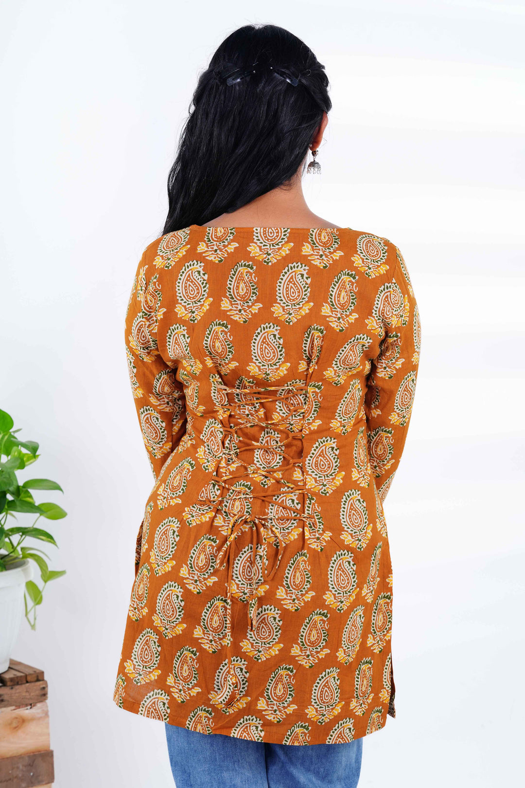 Amber Earth: Paisley Print Short Kurti with Jaipuri Emerald Jhumkas