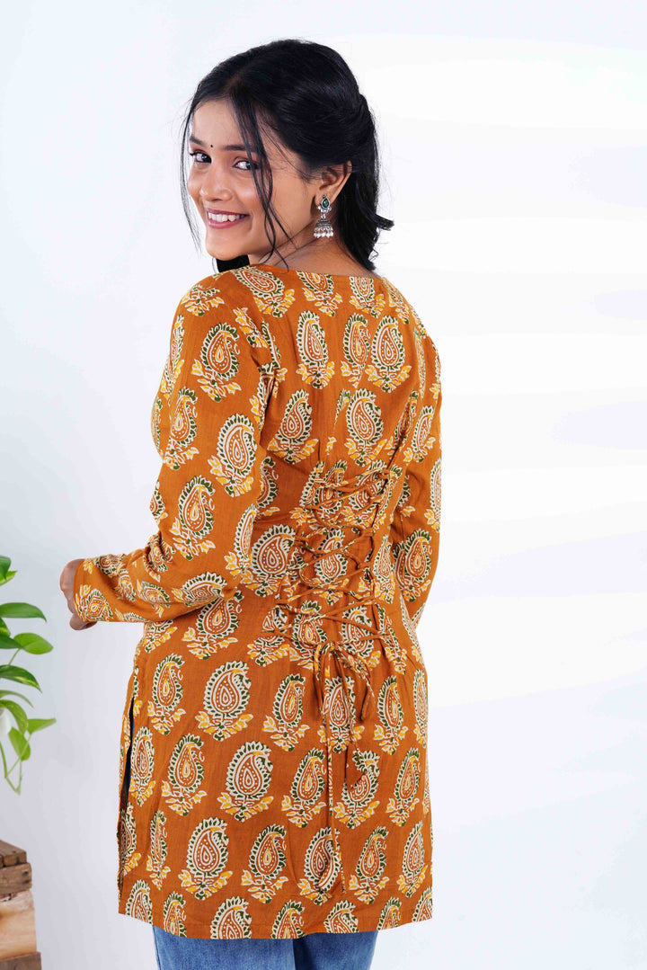 Amber Earth: Paisley Print Short Kurti with Jaipuri Emerald Jhumkas
