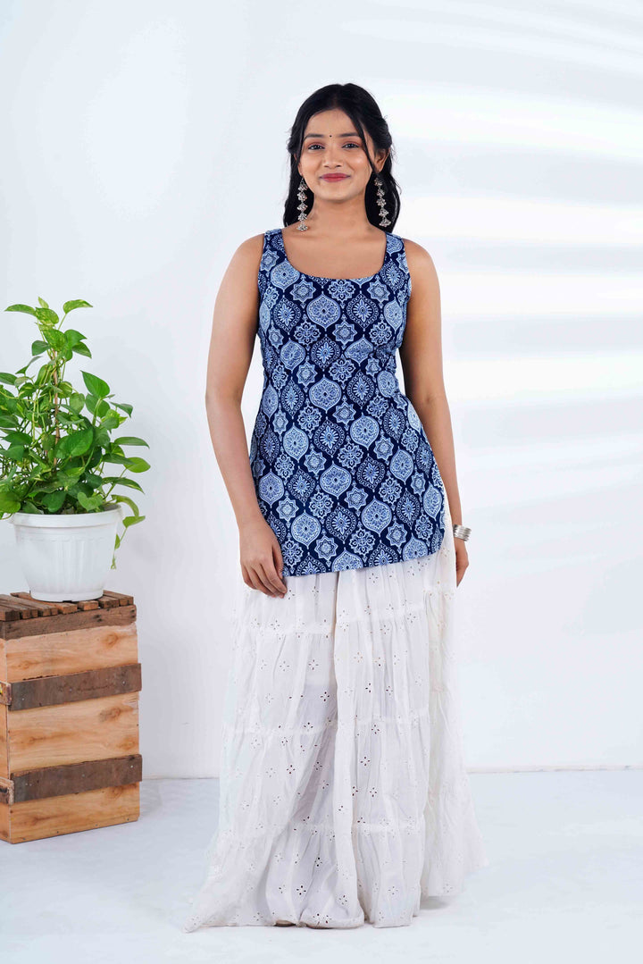 Indigo Mandala: Sleeveless Geometric Kurti with Jaipuri Latkan Jhumkas