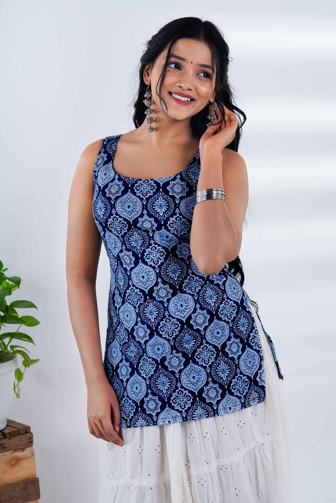 Indigo Mandala: Sleeveless Geometric Kurti with Jaipuri Latkan Jhumkas
