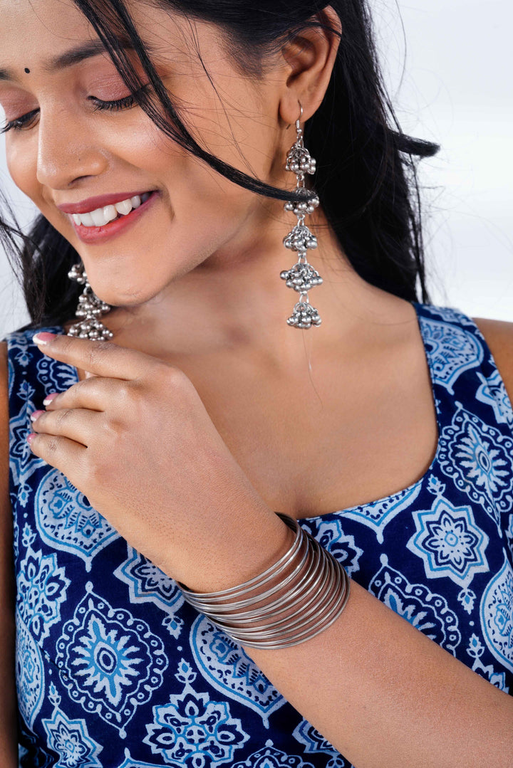 Indigo Mandala: Sleeveless Geometric Kurti with Jaipuri Latkan Jhumkas