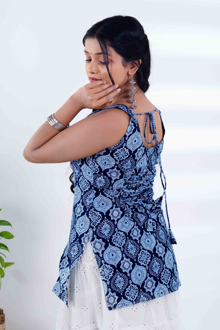 Indigo Mandala: Sleeveless Geometric Kurti with Jaipuri Latkan Jhumkas