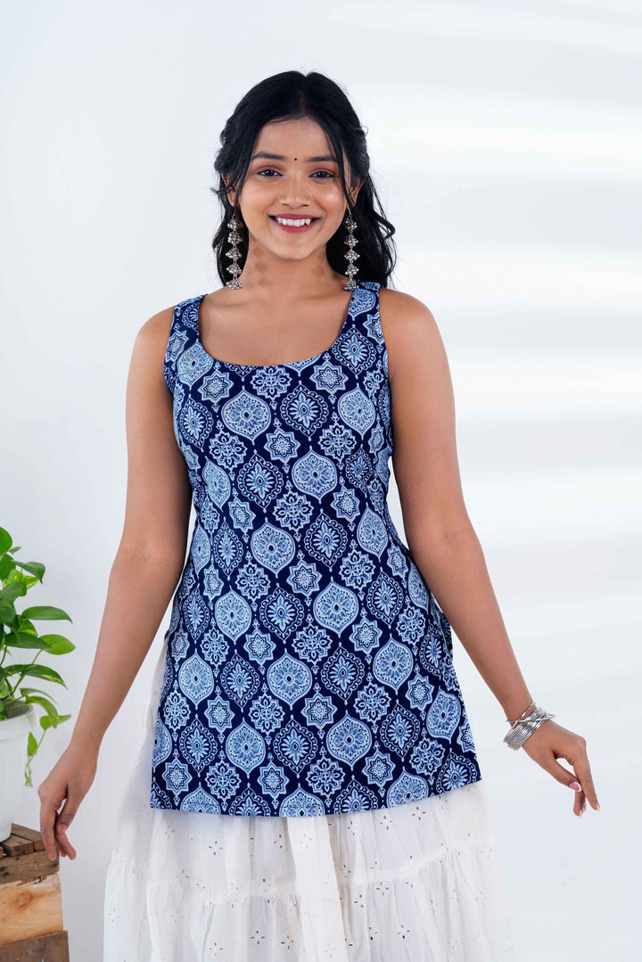 Indigo Mandala: Sleeveless Geometric Kurti with Jaipuri Latkan Jhumkas
