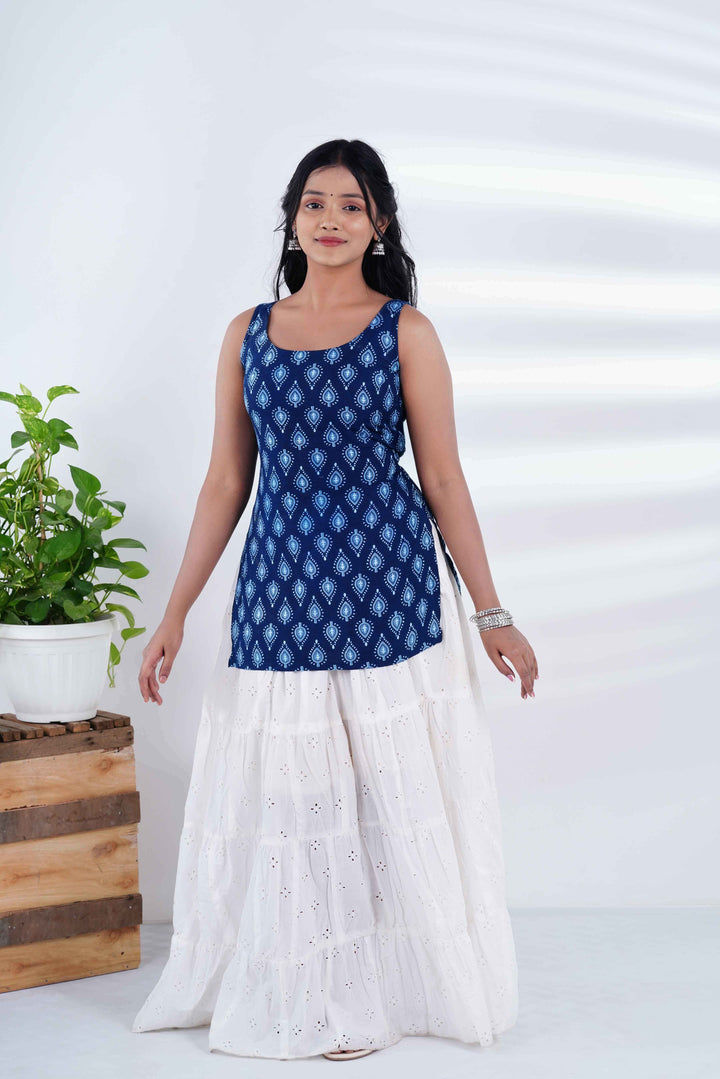 Indigo Corset Kurti with Pearl-Drop Jaipuri Jhumkas