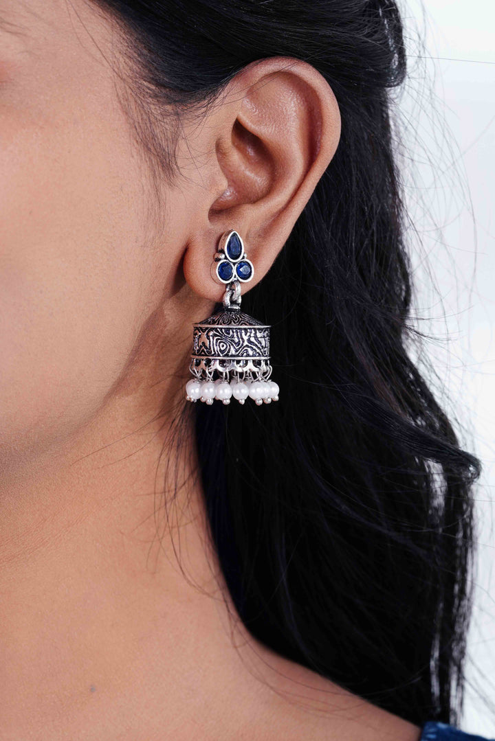 Indigo Corset Kurti with Pearl-Drop Jaipuri Jhumkas