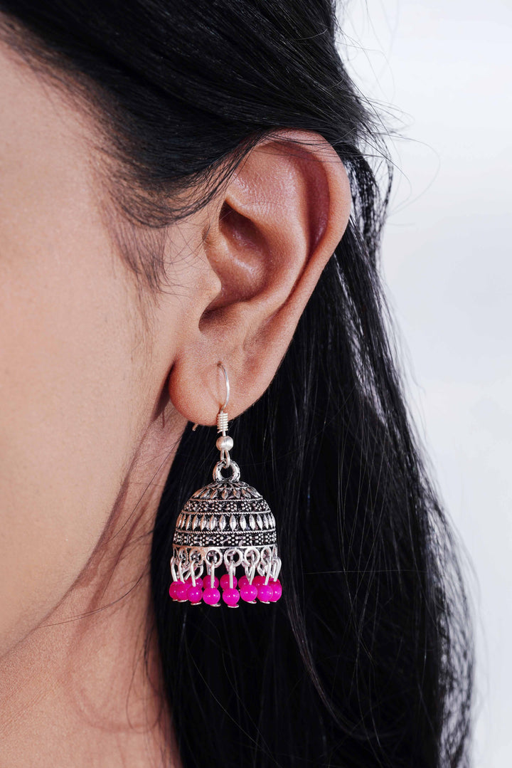 Gulabi Grace Cotton Kurti with Jaipuri Oxidized Pink Jhumkas