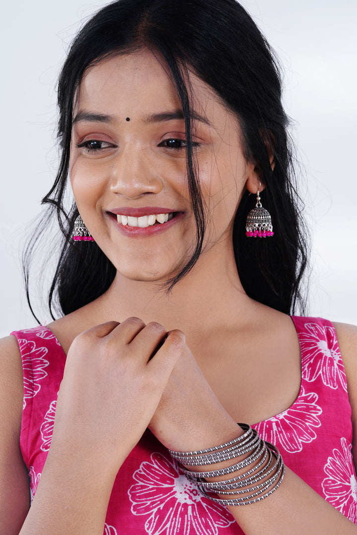 Gulabi Grace Cotton Kurti with Jaipuri Oxidized Pink Jhumkas