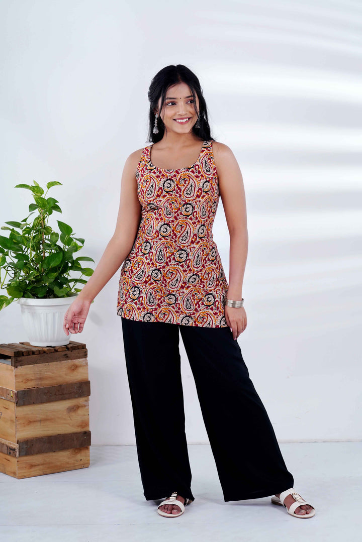 Kalamkari Soul: Earth-Toned Paisley Kurti with Peacock Long Jhumkas