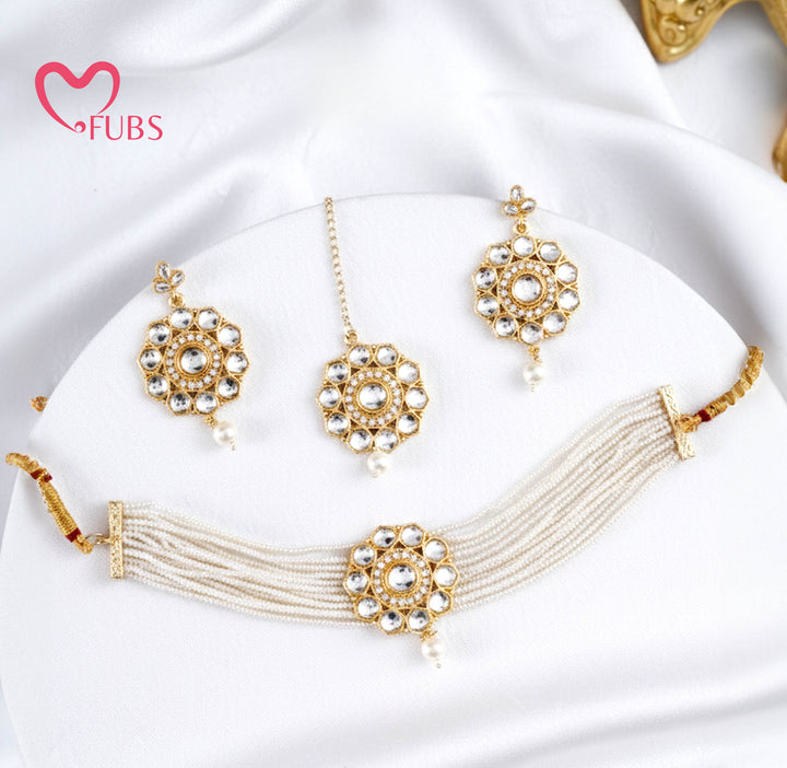 Kundan & Pearl Choker Jewelry Set with Maang Tikka
