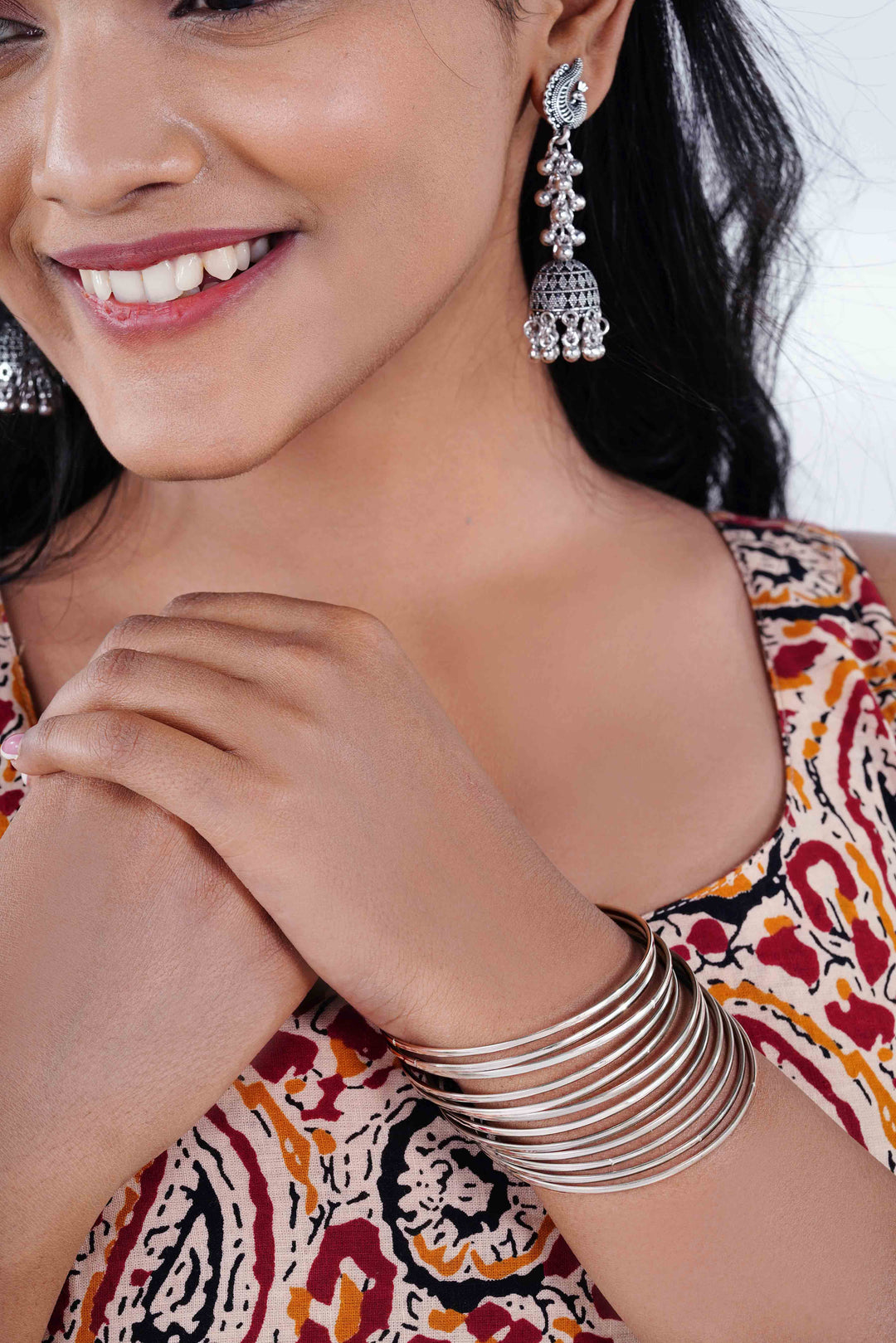 Kalamkari Soul: Earth-Toned Paisley Kurti with Peacock Long Jhumkas