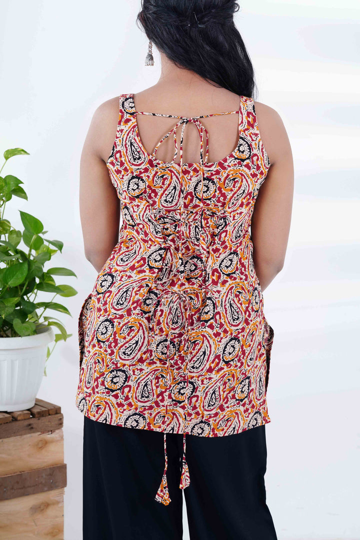 Kalamkari Soul: Earth-Toned Paisley Kurti with Peacock Long Jhumkas