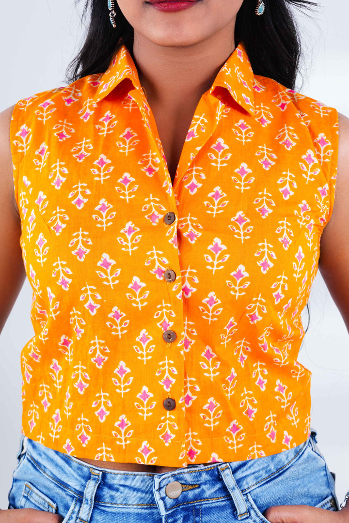 Floral Yellow Crop Shirt with Blue Drop Oxidised Jhumkas