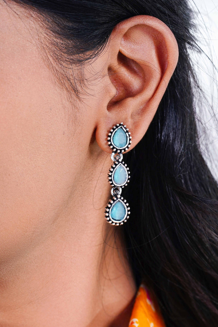 Floral Yellow Crop Shirt with Blue Drop Oxidised Jhumkas