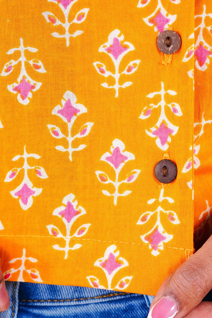 Floral Yellow Crop Shirt with Blue Drop Oxidised Jhumkas