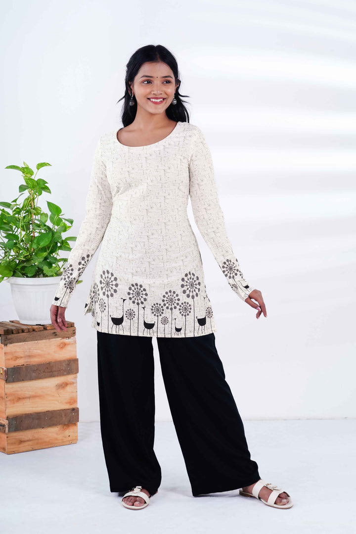 Desert Flora: White Long-Sleeve Kurti with Black Jaipuri Onyx Jhumkas
