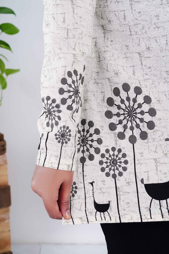 Desert Flora: White Long-Sleeve Kurti with Black Jaipuri Onyx Jhumkas