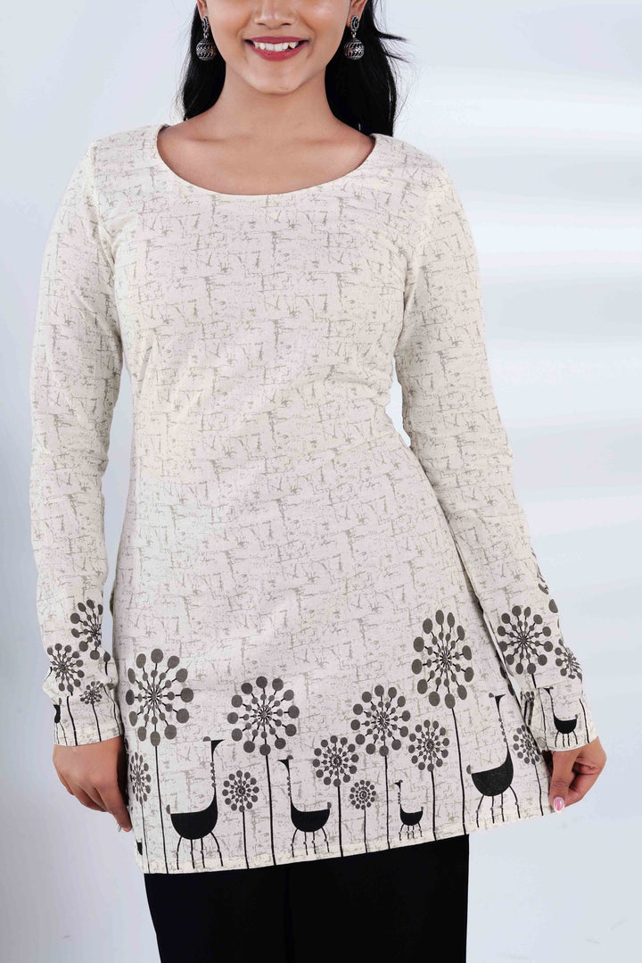 Desert Flora: White Long-Sleeve Kurti with Black Jaipuri Onyx Jhumkas