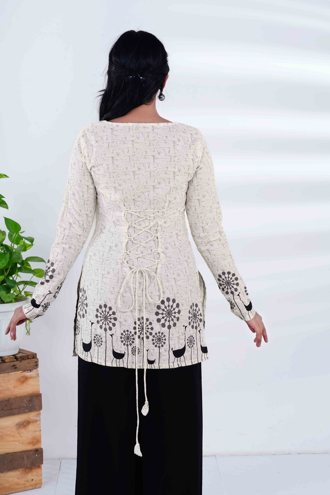 Desert Flora: White Long-Sleeve Kurti with Black Jaipuri Onyx Jhumkas