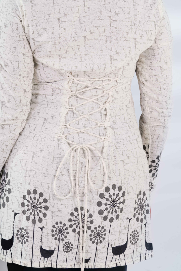 Desert Flora: White Long-Sleeve Kurti with Black Jaipuri Onyx Jhumkas