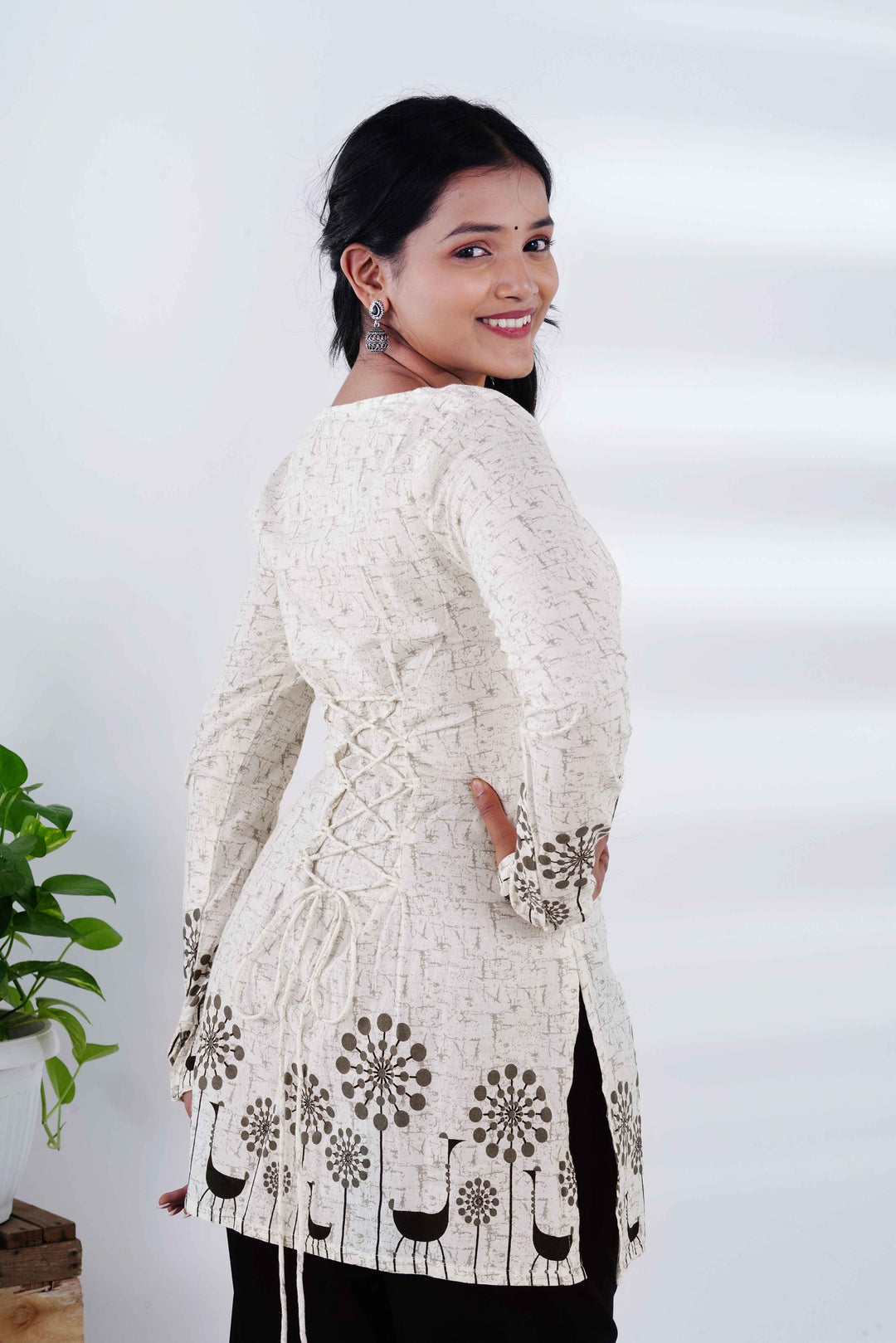 Desert Flora: White Long-Sleeve Kurti with Black Jaipuri Onyx Jhumkas
