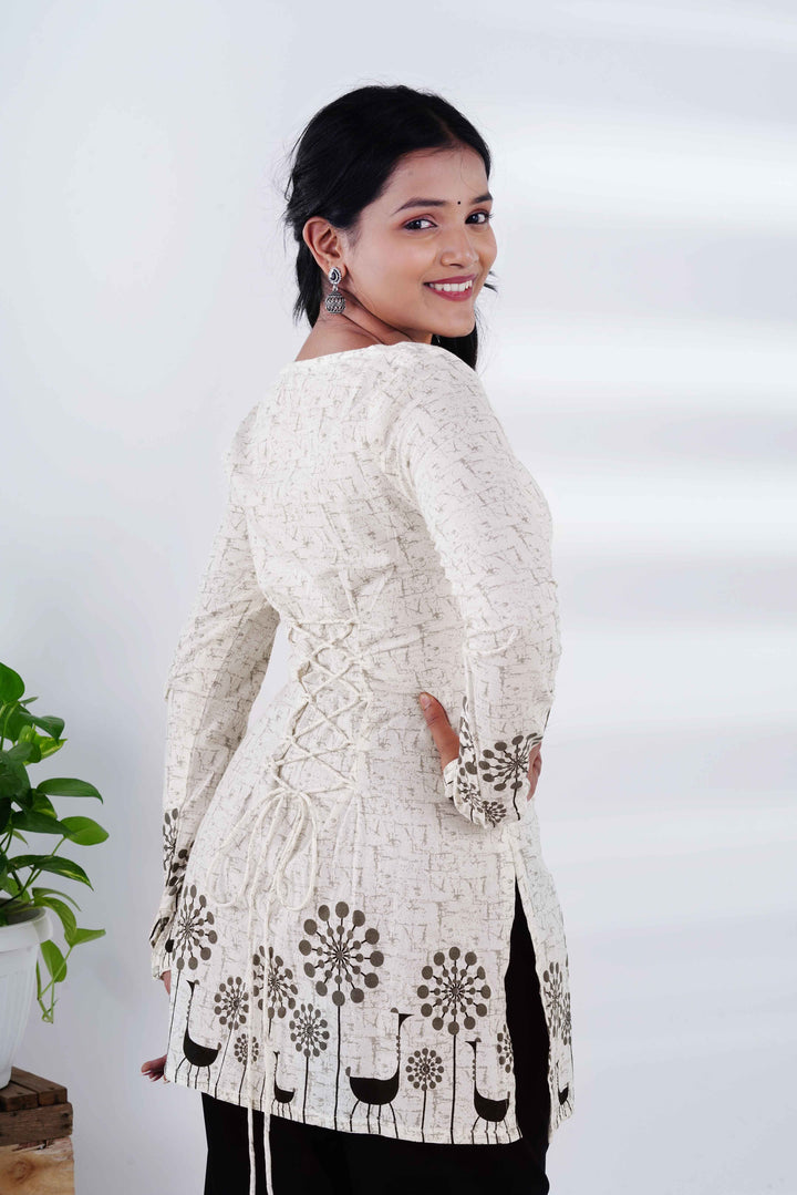 Desert Flora: White Long-Sleeve Kurti with Black Jaipuri Onyx Jhumkas
