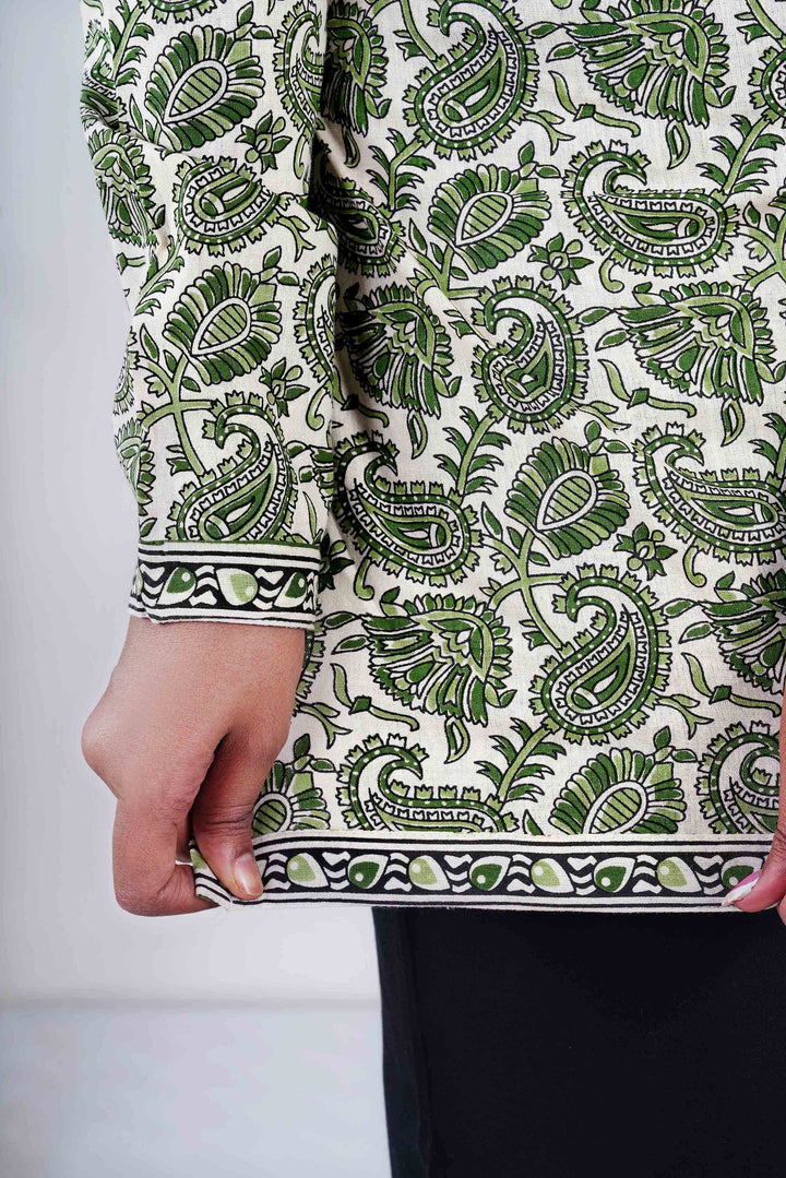 Botanical Leaf Print Kurti with Petite Oxidized Studs
