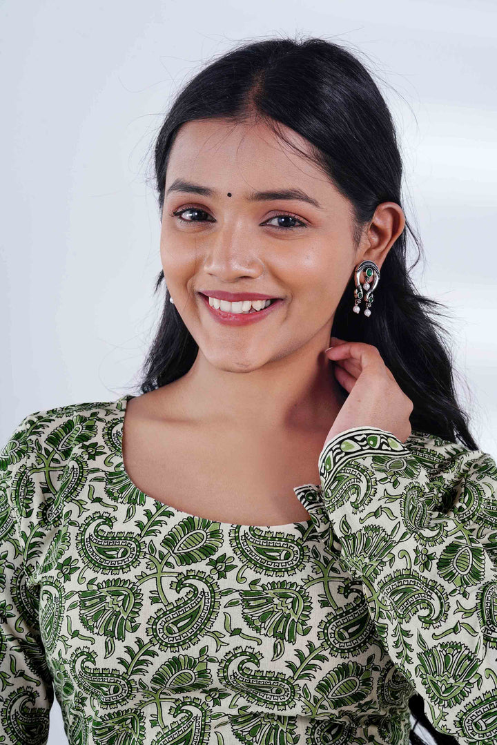 Botanical Leaf Print Kurti with Petite Oxidized Studs