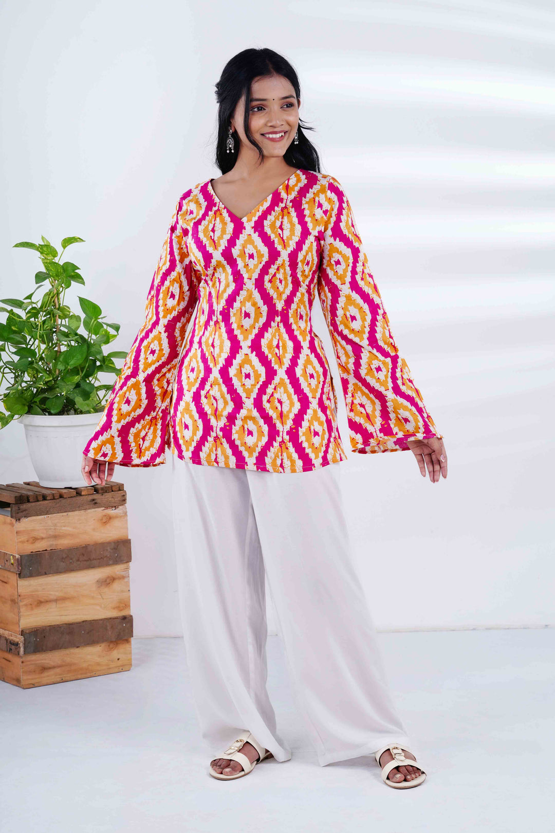 Geometric Bell Sleeves Kurti with Jaipuri Oxidized Earrings