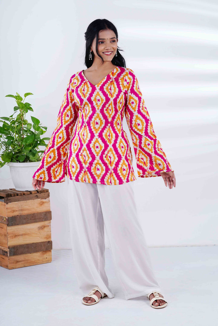 Geometric Bell Sleeves Kurti with Jaipuri Oxidized Earrings