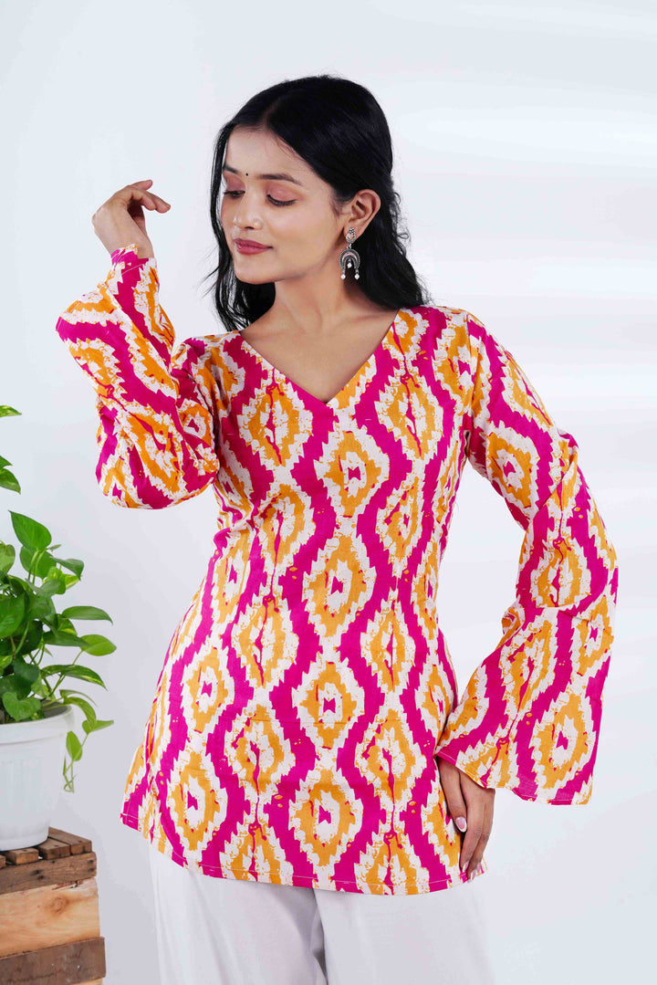 Geometric Bell Sleeves Kurti with Jaipuri Oxidized Earrings