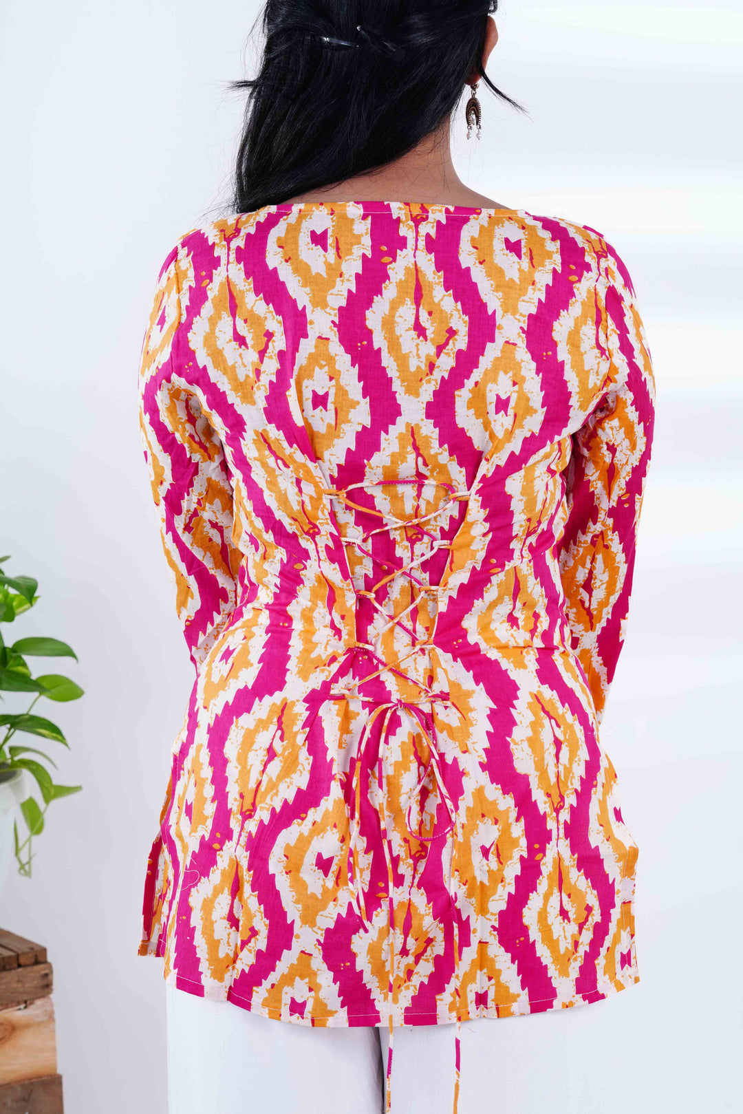Geometric Bell Sleeves Kurti with Jaipuri Oxidized Earrings