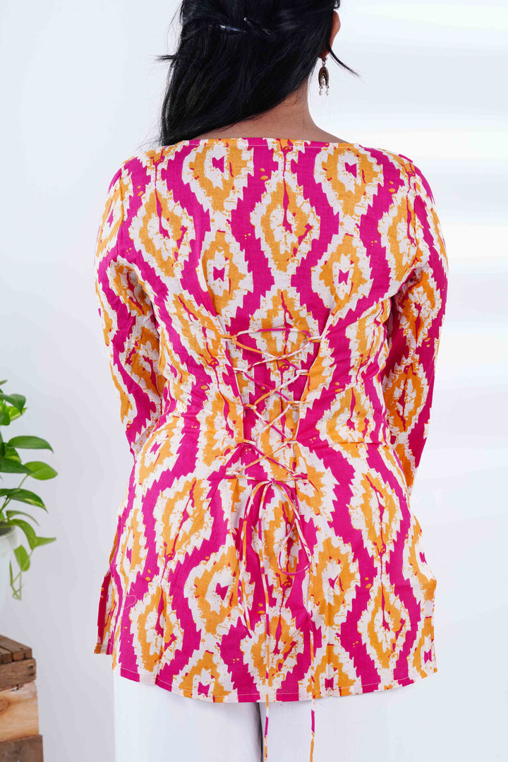 Geometric Bell Sleeves Kurti with Jaipuri Oxidized Earrings