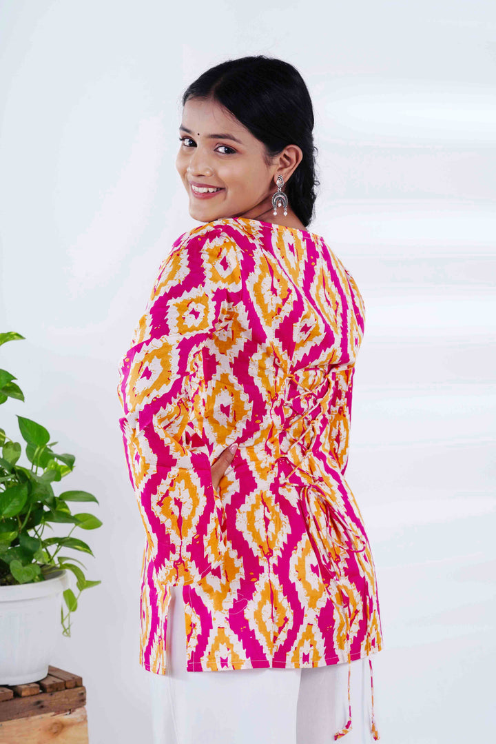 Geometric Bell Sleeves Kurti with Jaipuri Oxidized Earrings