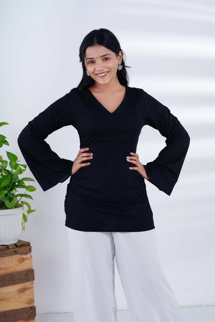 Black Bell Sleeves Corset Kurti with Jaipuri Mirror Jhumkas
