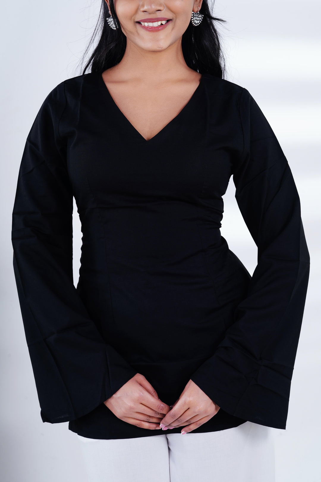 Black Bell Sleeves Corset Kurti with Jaipuri Mirror Jhumkas