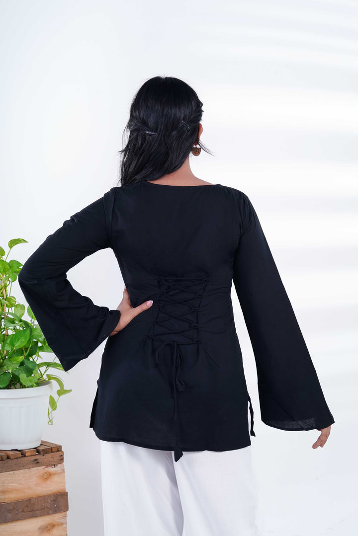 Black Bell Sleeves Corset Kurti with Jaipuri Mirror Jhumkas
