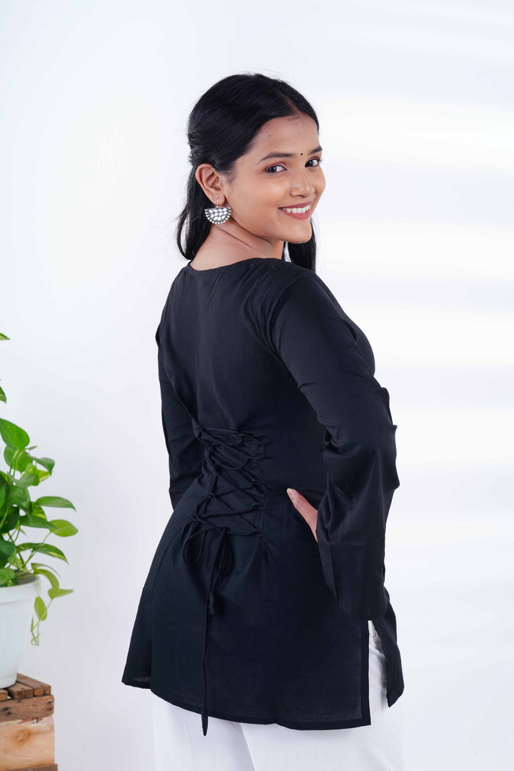 Black Bell Sleeves Corset Kurti with Jaipuri Mirror Jhumkas