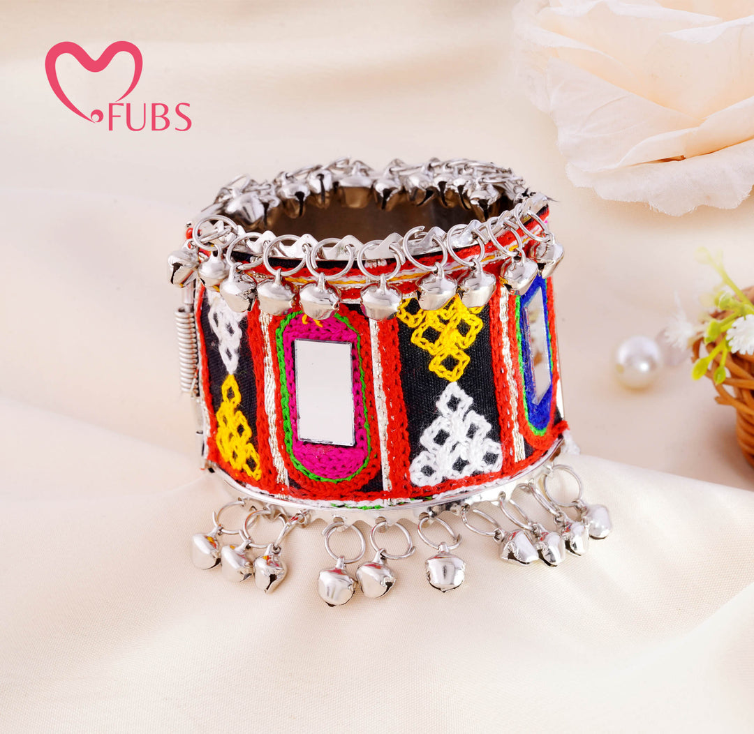 Kutch Embroidered Mirror Ghungroo Cuff Bracelet