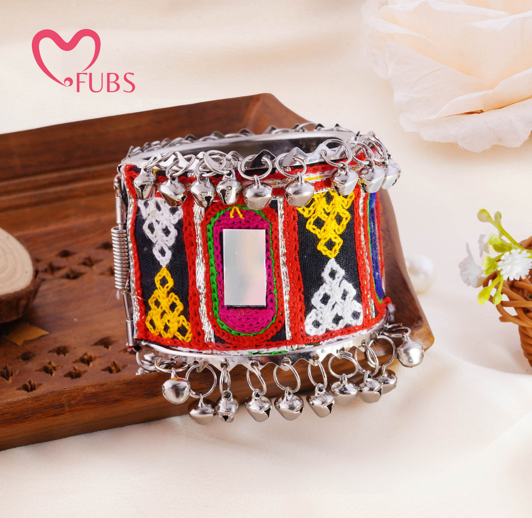 Kutch Embroidered Mirror Ghungroo Cuff Bracelet