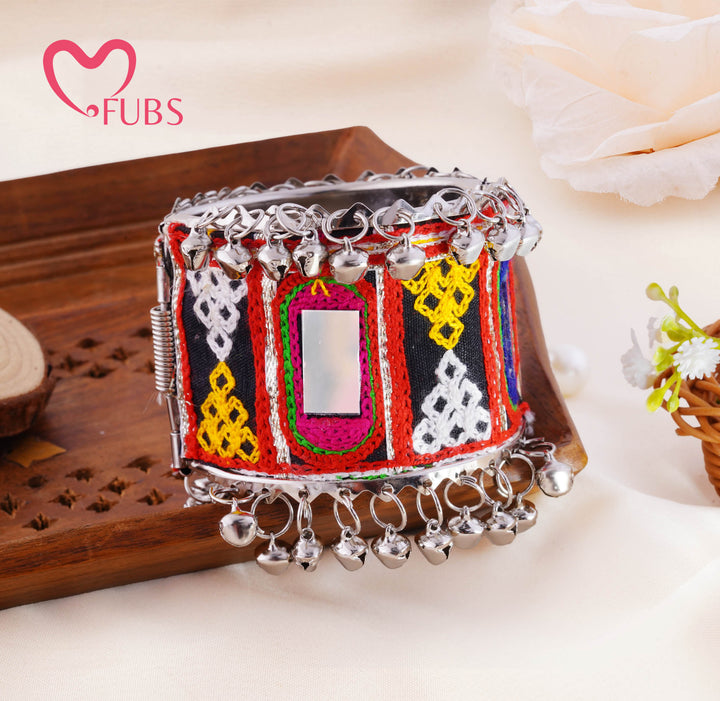 Kutch Embroidered Mirror Ghungroo Cuff Bracelet