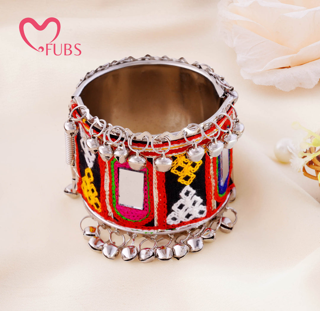Kutch Embroidered Mirror Ghungroo Cuff Bracelet